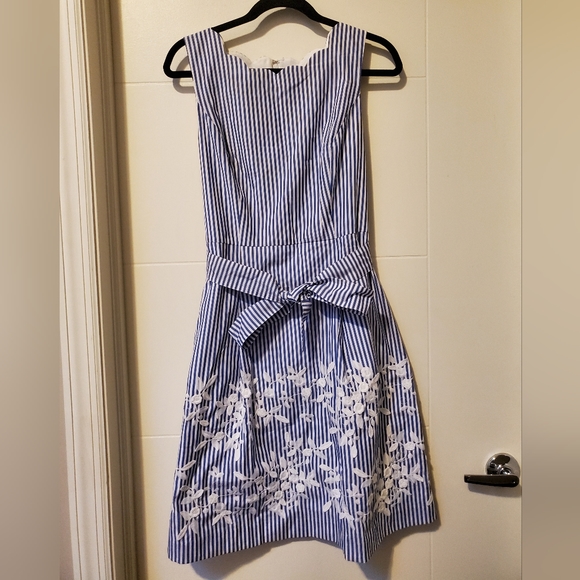 Talbots Sleeveless Blue White Striped Embroidered Fit Flare Dress, 8 Petite - Picture 5 of 8